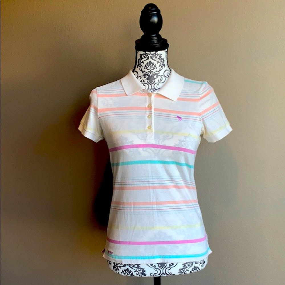 A&F White Polo w/ Colorful Pastel Stripes